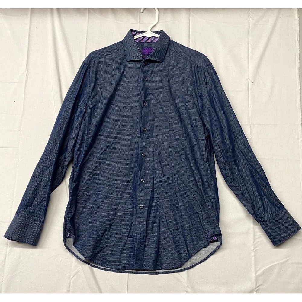Michelsons London Shirt Mens Medium Navy Blue Micro Polka Dot Cotton Button Up